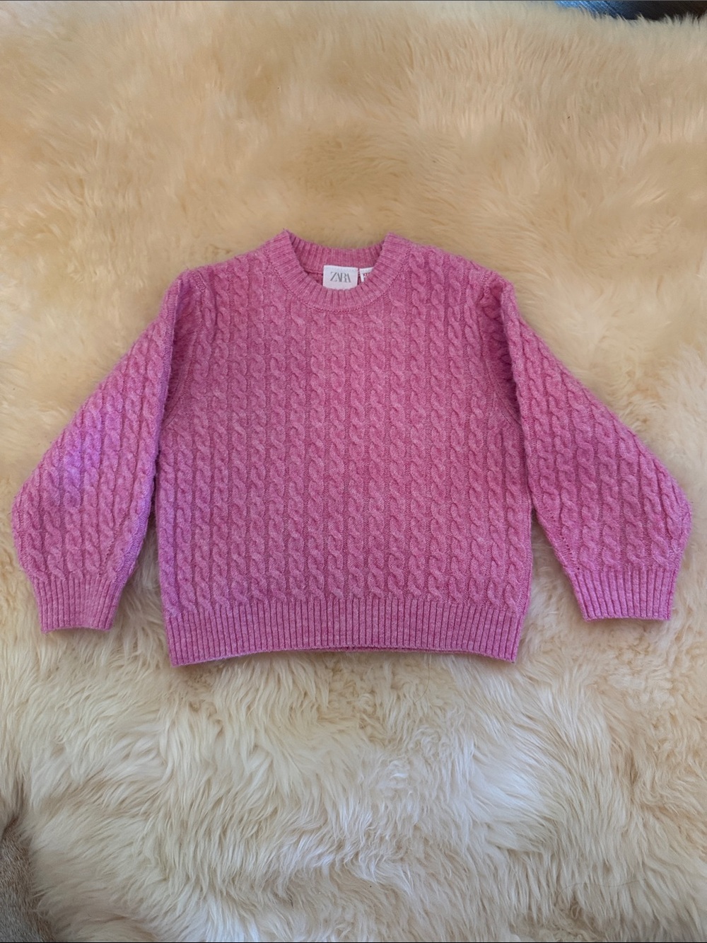 Zara Pink Cable-Knit Kids Sweater with Balloon Sleeves